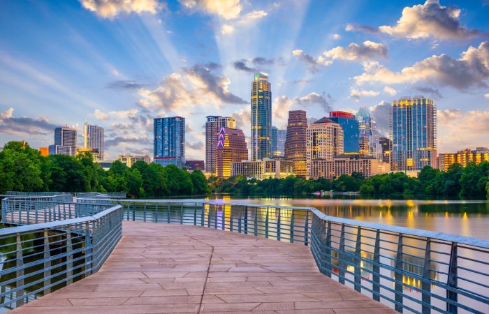 Austin, Texas, USA downtown skyline over the Colorado River.
